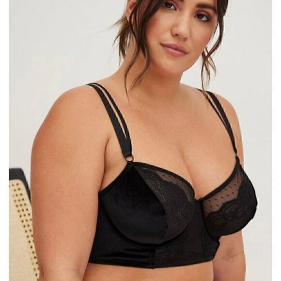 VELOUR AND LACE UNDERWIRE BRA RICH BLACK SIZE 6X - Picture 1 of 12